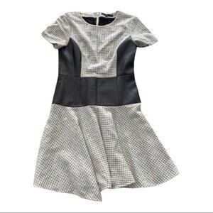 Tibi Faux Leather Panel Fit & Flare Jacquard Mini Dress US 4 Black Grey